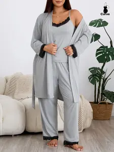 Lace Patchwork Pajama Set for Women, Three-Piece Sleepwear, Tank Top, Long Pants, Loose Home, Elegant Floral Design