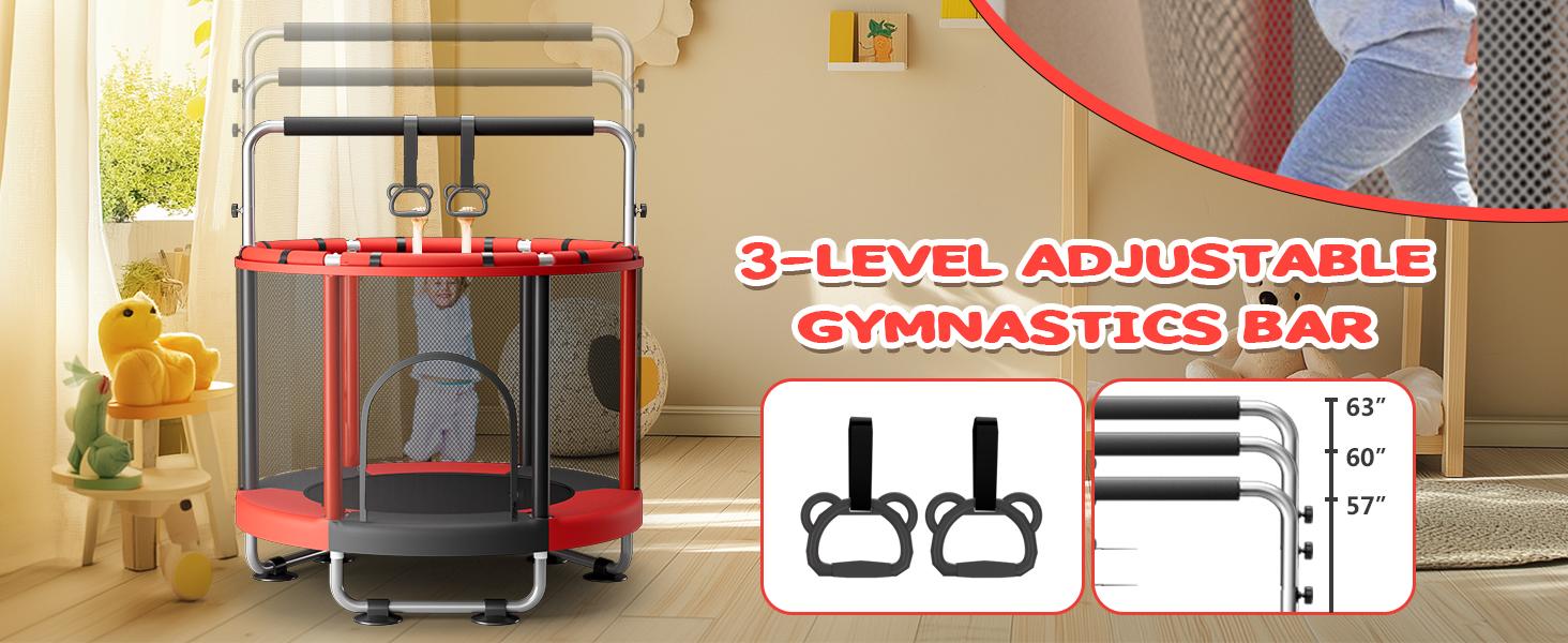 AGS 55" Trampoline for Kids with Enclosure, 440lbs Capacity Indoor & Outdoor Toddler Trampoline with Adjustable Gymnastics Bar & Toys, for Boys & Girls