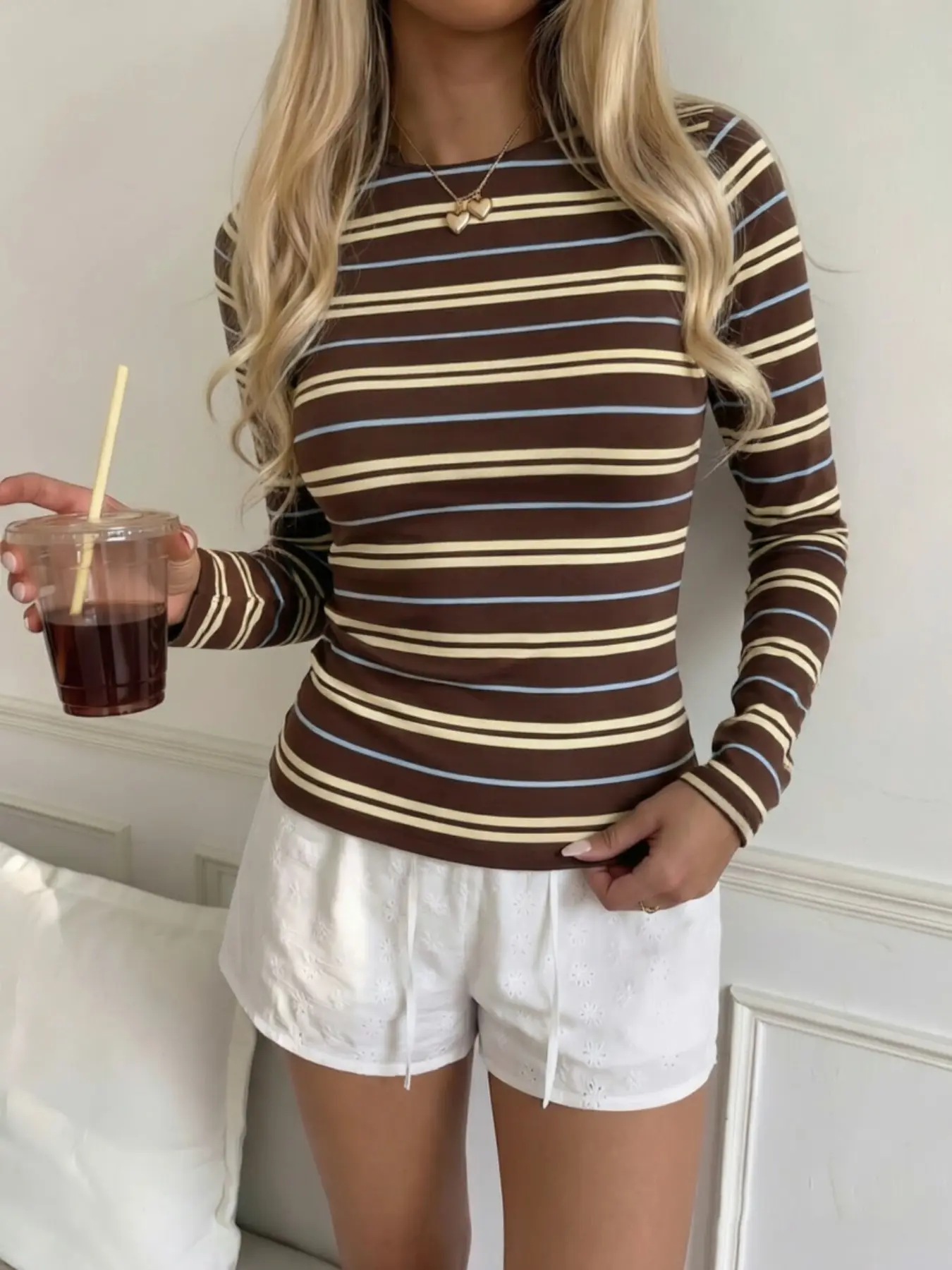 Women's Striped Long Sleeve Slim Fit Crew Neck Tee | Soft Stretch Casual Top | Everyday Office & Streetwear Shirt for Women