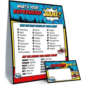 What is Your Superhero Name Game Includes Game Sign and 30 Cards, Kids Superhero Birthday Party Decoration Supplies for Boys Holiday Activity