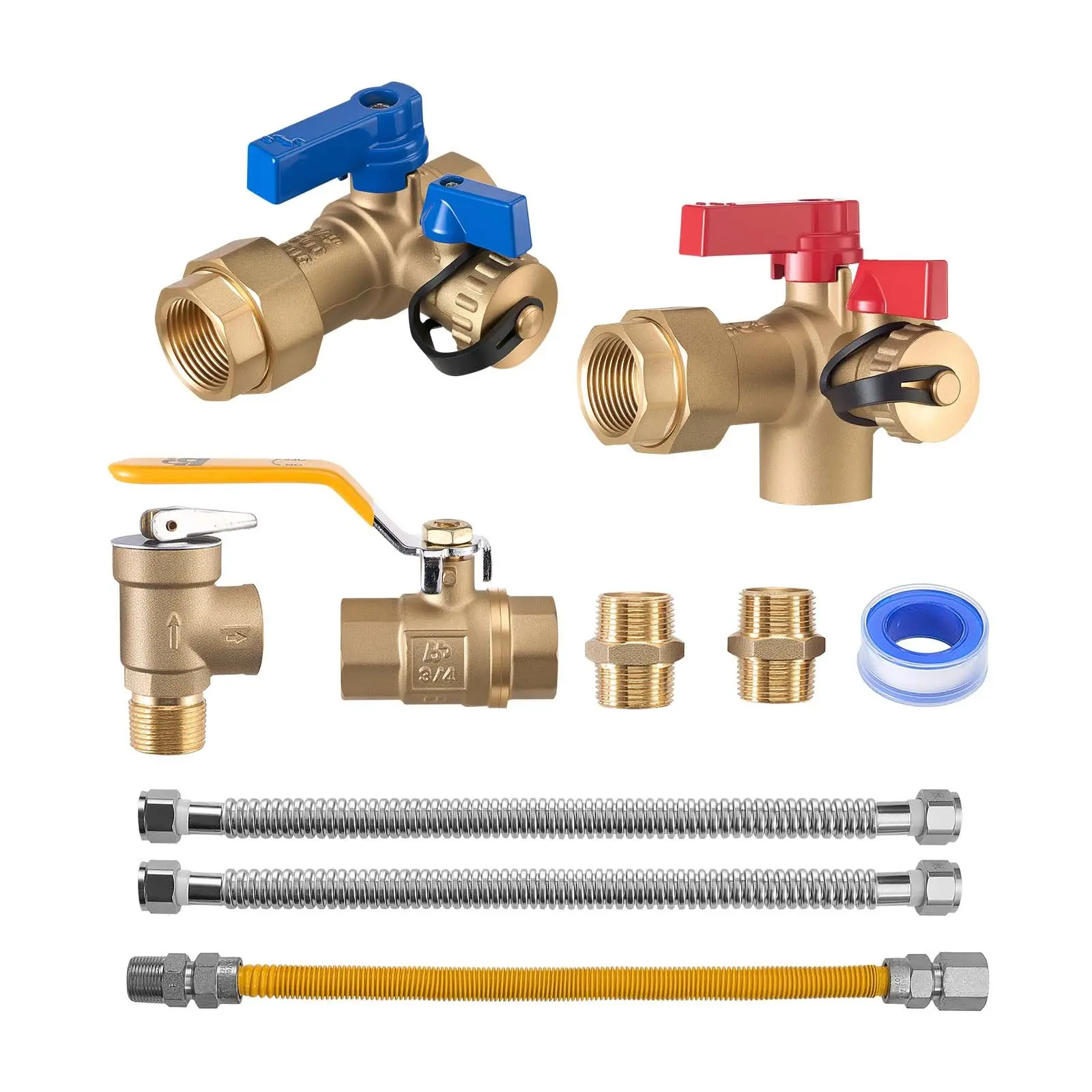 VEVOR Water Heater Kit, 3/4 Inch Cold Hot Water Plumbing Repair Kit with 600 WOG Isolation Valves, Pressure Relief Valve, Ball Valve, Gas Hose, Compatible with Most Tankless Waters Heater Brands