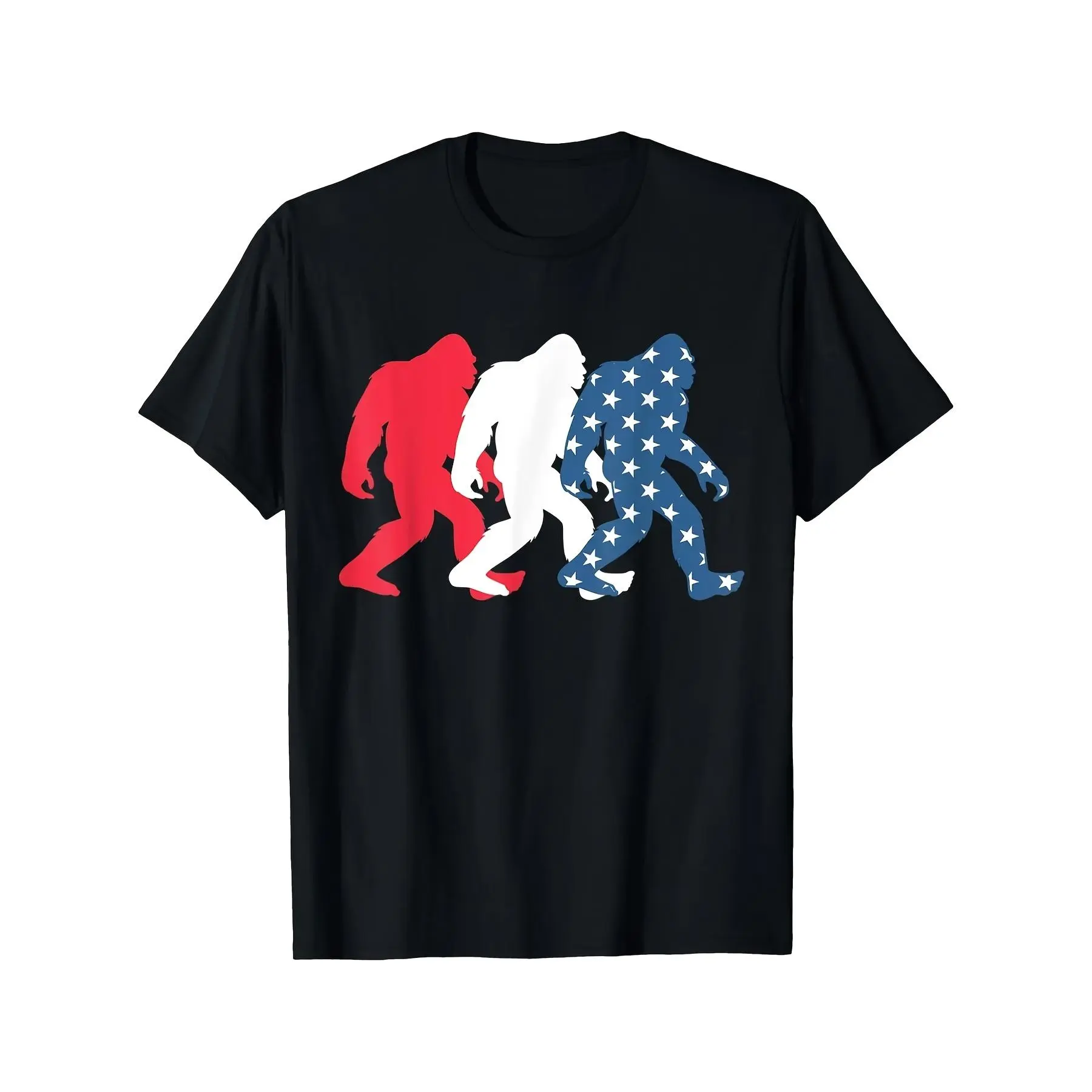 Men's July 4th American flag T-shirt, printed with Bigfoot and patriotic graphics, casual crew neck short-sleeved T-shirt, fun and novel gift, suitable for Independence Day wear, casual AttT shirt, Easter black short-sleeved crew neck T-shirt, men's desig