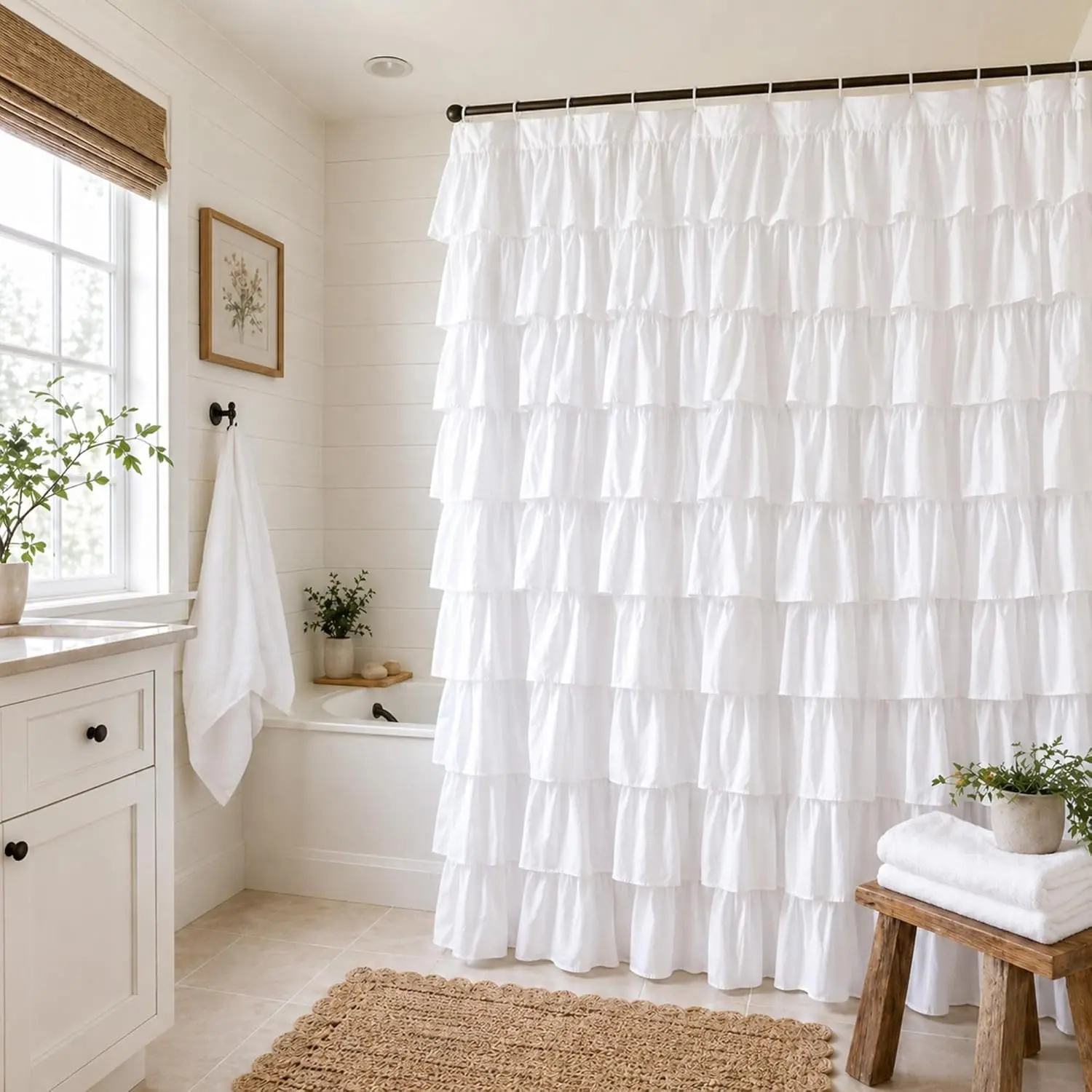 Thick White Ruffle Farmhouse Shower Curtain for Bathroom, 72"x72", Double-Layer Brushed Microfiber, Non-See-Through, 12 Buttonholes, Machine Washable, 12 C-Hooks Included