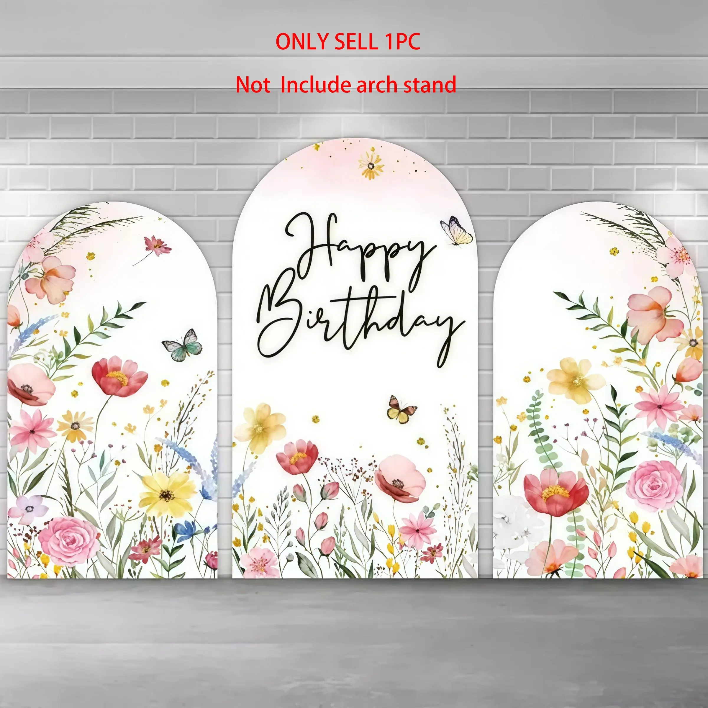 Happy Birthday Wildflower Arch Covers Stretchy Backdrop – Watercolor Floral & Butterfly Design, Perfect for Birthday & Garden Party Photo Backdrop