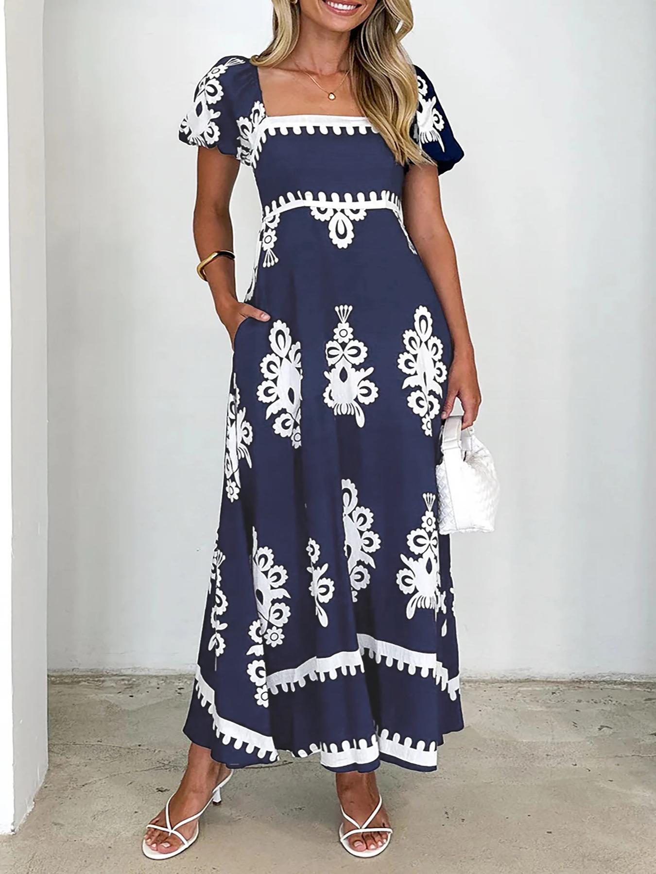 Women's Pocket Square Neck Dress, Bohemian Fashion Casual Short Sleeve Long Dress for Daily Holiday Vacation Wear, Ladies Dress for Summer, Classy Modest Dresses, Womenswear, Boho Chic Dress, Bohemian Print Dresses