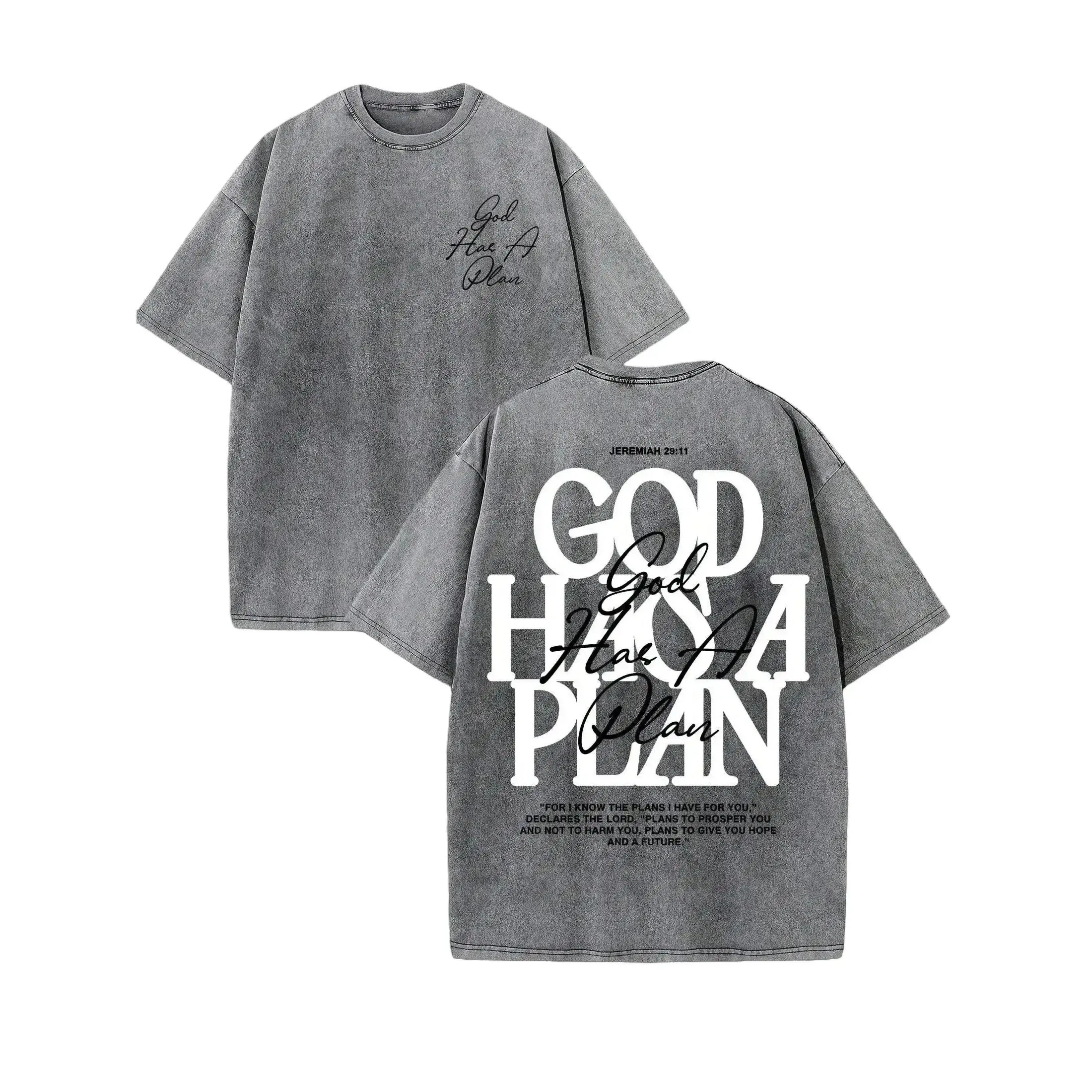 100% Cotton Vintage Washed Double-Sided "God Has a Plan" Graphic Tee, 230gsm Heavyweight Christian Streetwear, Unisex Short-Sleeve Basic Classic Office Top with Wide-Shoulder Relaxed Fit, Shortsleeve, Layer oversized streetwear tee