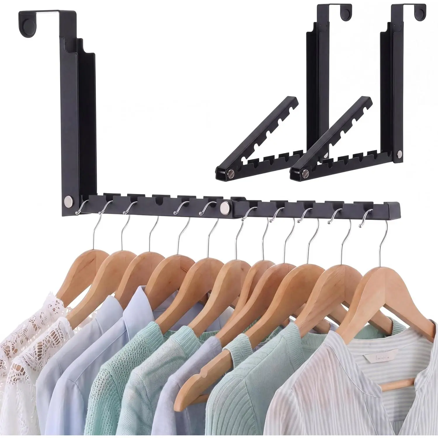 2 Pack Over the Door Hooks Hanger with 11 Ridge Foldable Over Door Drying Rack Folding Extended Space Saving Clothes Rack Black Collapsible  Coat Racks for Laundry Bedroom Dorm Travel