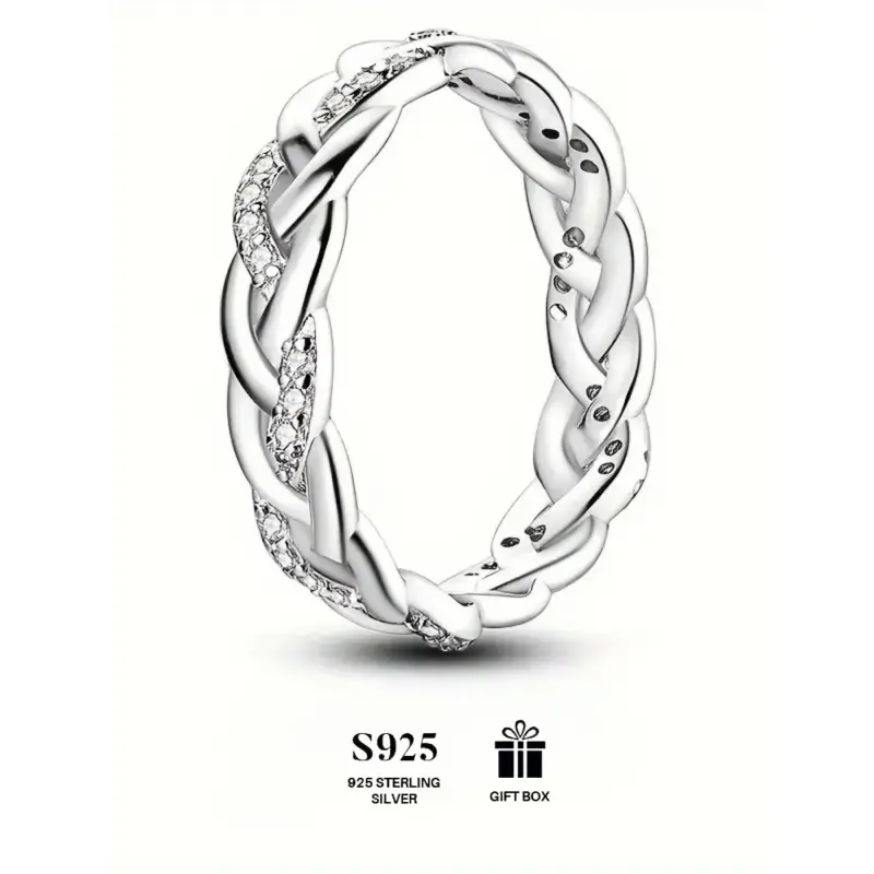 S925 Sterling Silver Braided Twist Infinity Knot Ring - Cubic Zircons Decor, Exquisite Look Fashion Jewelry for Women, Sizes 6-10, Birthday Gift Ideas Accessory