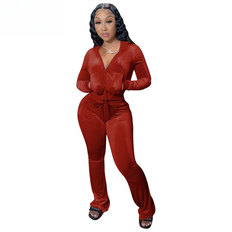 Women Autumn Two Piece Outfits 2 Piece Velour Tracksuit Sweatsuits Zip Up Hooded Jacket Flared Pants Jogger Sets