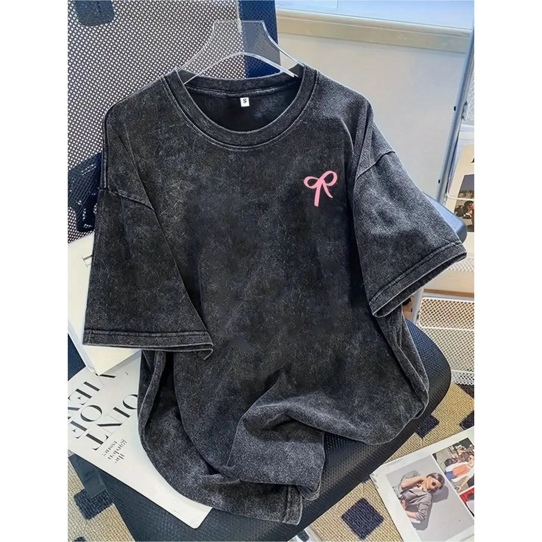 Women's Short-Sleeve Cotton Knit T-Shirt - Retro Streetwear, Creative Pattern Print, High-End Black Heavy Washed, Vintage Distressed, Round Neck, Loose Fit, Soft Comfortable, Size S, Shortsleeve, Fabric, Geometric Print, Distressed Top, Lady, Tshirt
