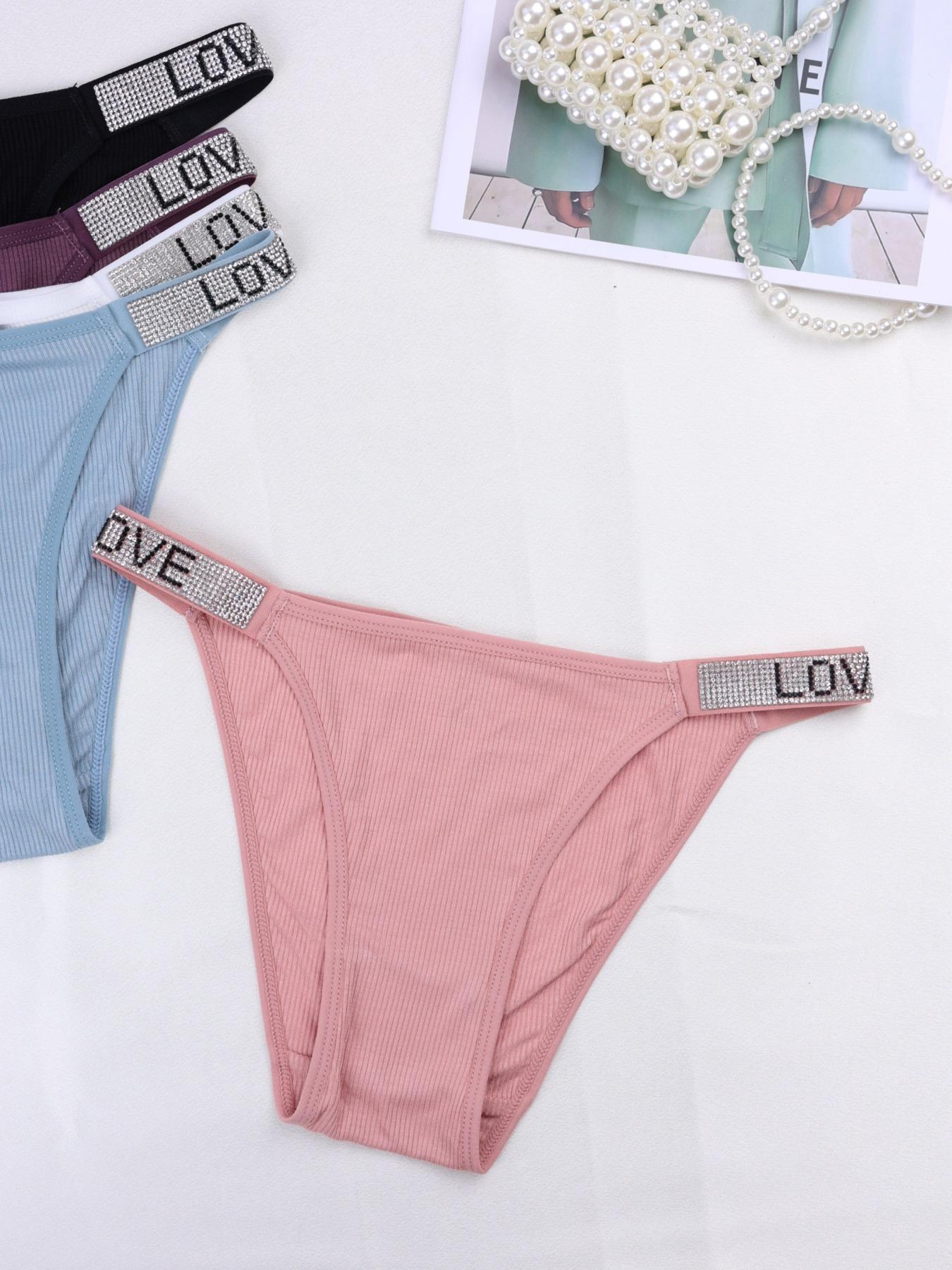 Women's 5pcs Letter Rhinestone Decor High Cut Knicker, Casual Comfy Breathable Drop Waist Panty for Daily Wear, Ladies Underwear for All Seasons, Underwear for Women, Summer Wear 2024