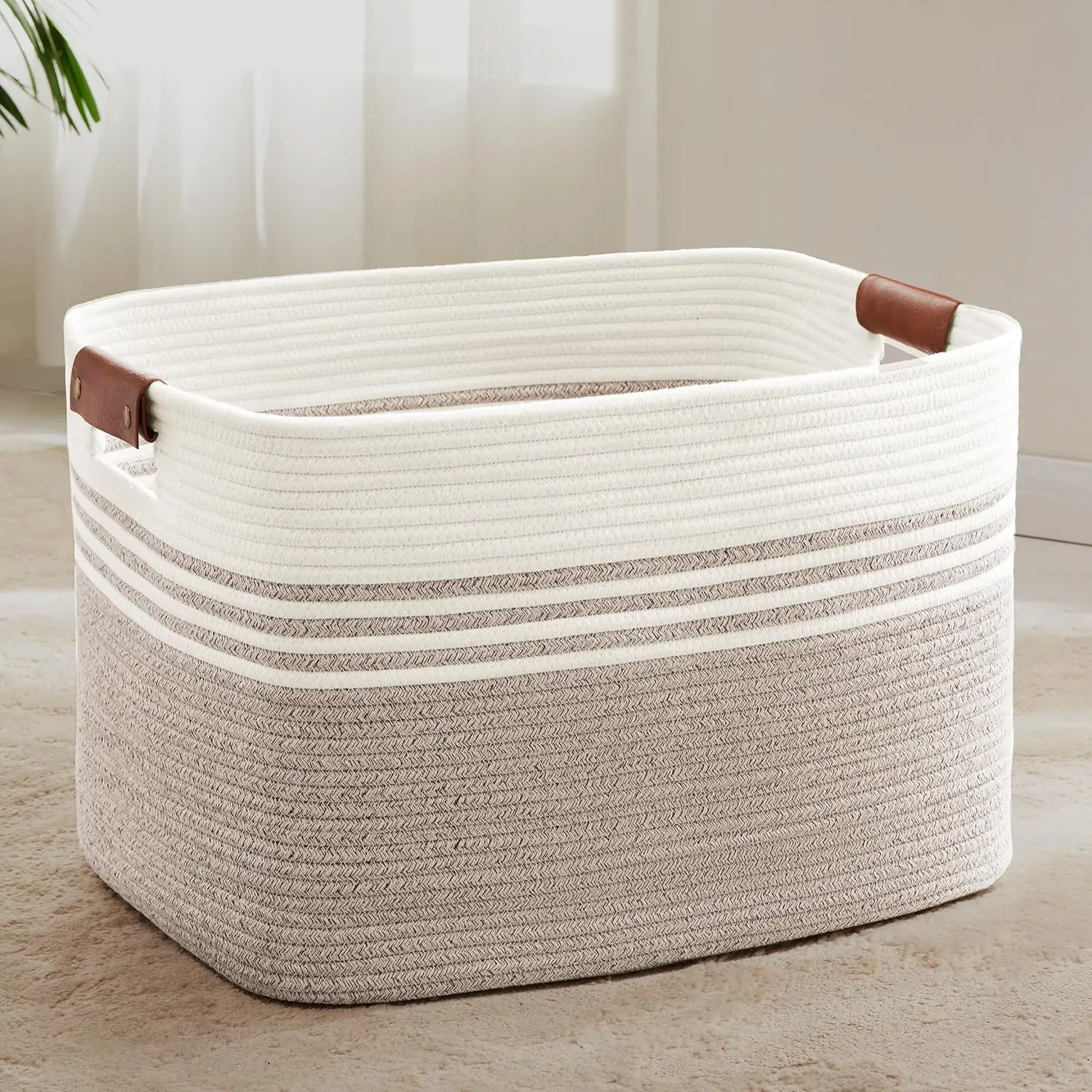 Extra Large 86L Laundry Basket with Leather Handles, Woven Rope Storage Basket for Blanket, Kids Toys, Dirty Clothes, Wicker Hamper for Living Room Bedroom, 24"x16"x14" White Brown