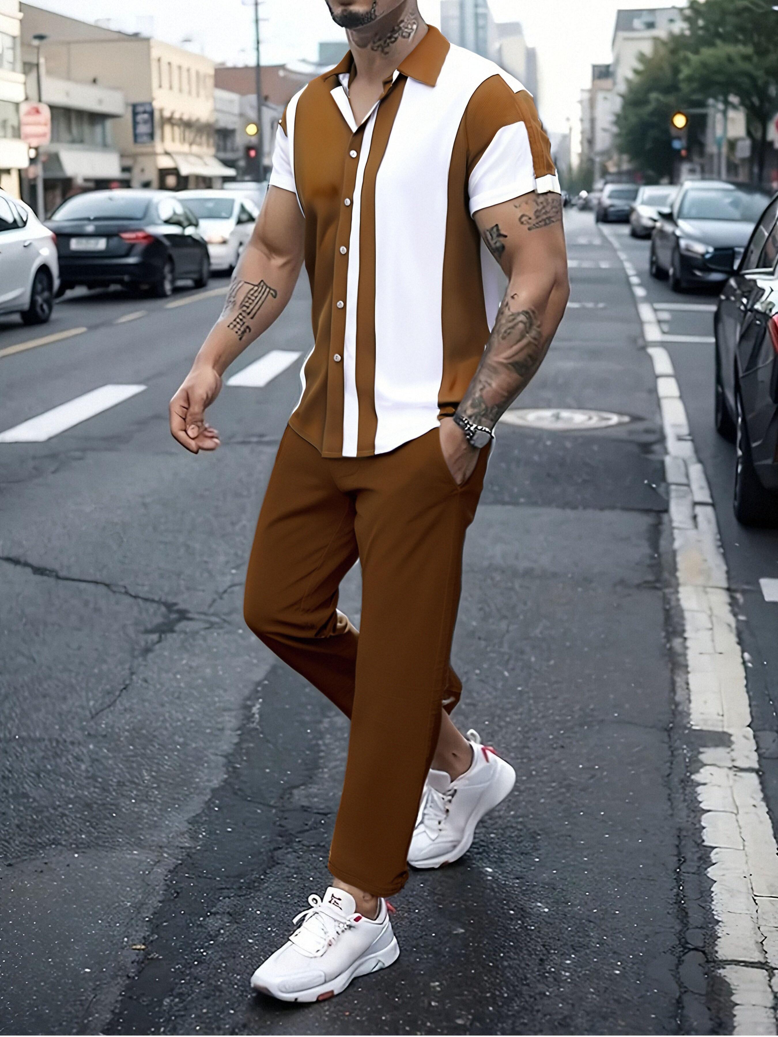 Fashionable and comfortable men's beach vacation printed short sleeved pants set; festival gift