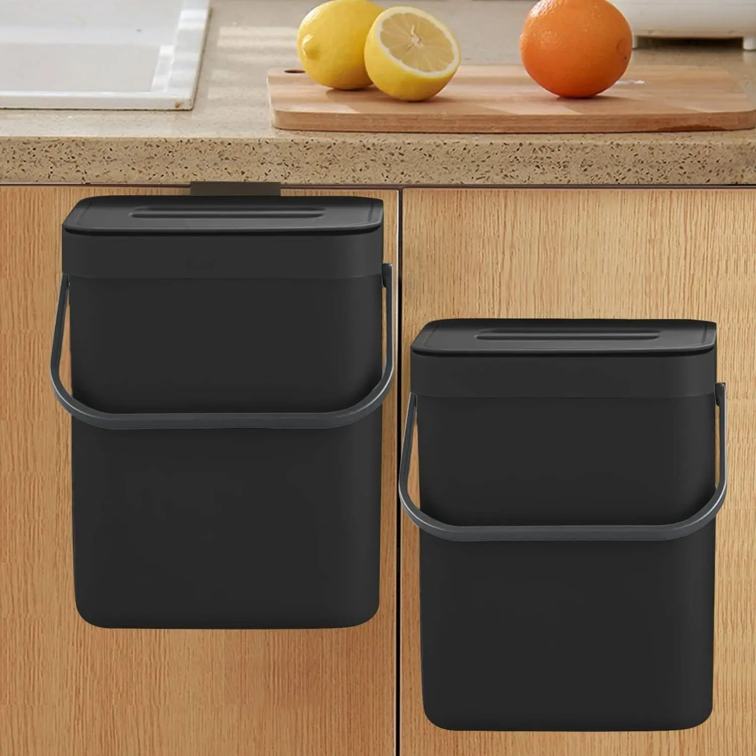Countertop Compost Bin with Lid, Hanging Small Trash Can with Lid for Under Sink Kitchen, Food Waste Bin for Countertop, Mountable Garbage Can for Bathroom RV, 5L/1.3 Gal, Black