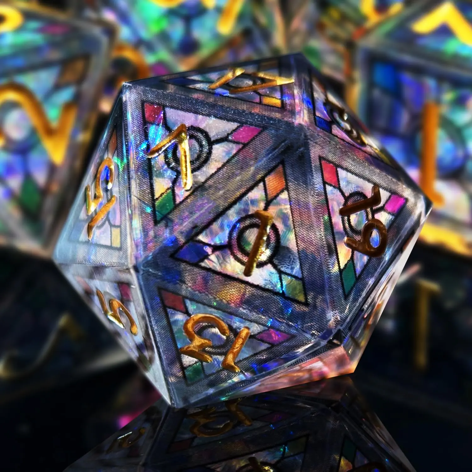 7pcs Double Layered Resin Dice Set Sharp Edged Polyhedral Dice with Stained Glass Effect and Gold Numbers for D&D DND RPG Role Playing Game Perfect Party Gift Black Sky