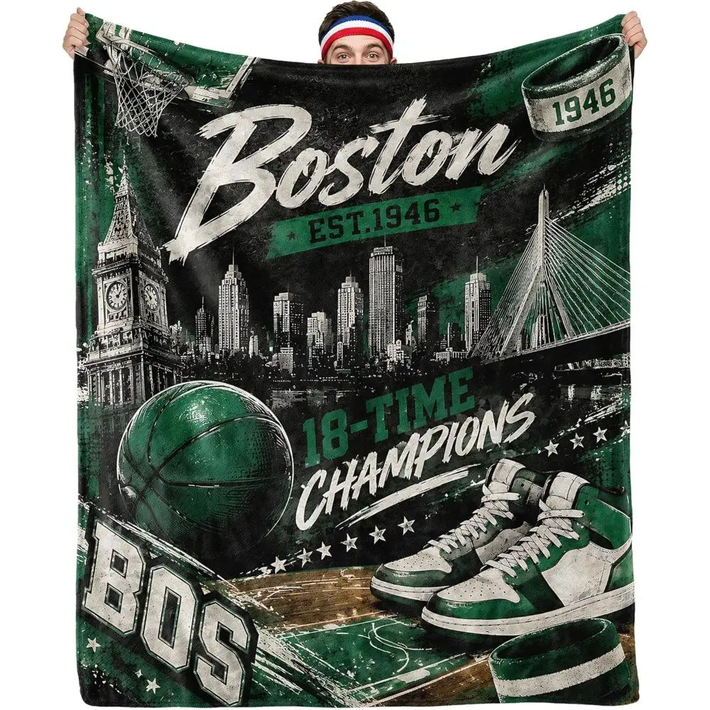 1PC Boston Basketball Throw Blanket City Skyline Sports Fleece Blanket Cozy Couch Bed Room Decor Gift for Fans