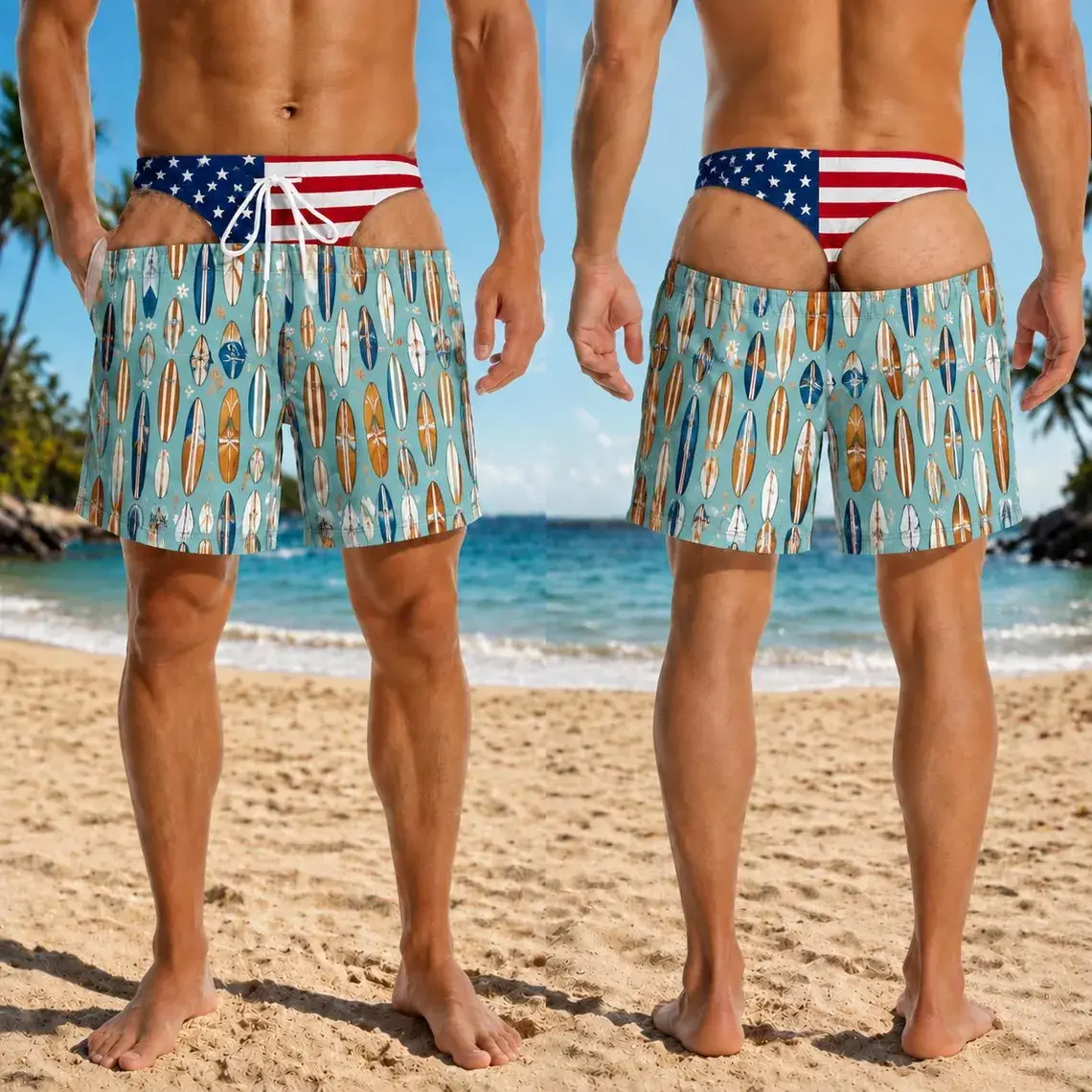 Funny Men's Swim Shorts, Fake Underwear Print Beach Trunks, Novelty Summer Swimwear, Pool Party Outfit, Gag Gift for Him