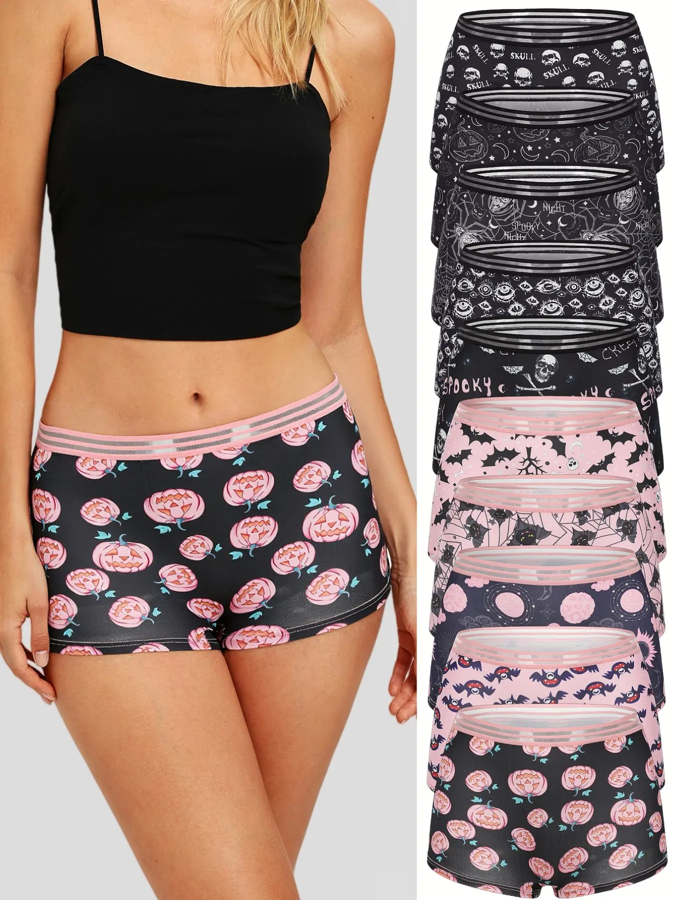 10-Pack Halloween Gothic Print Women Boxer Shorts Spooky Boyshort Underwear, Casual Fitted Underwear #HalloweenUnderwear #PastelGoth #AltGirlFashion #WomenBoxerShorts #SpookySeason #SkullPrintPanties #Y2KLingerie