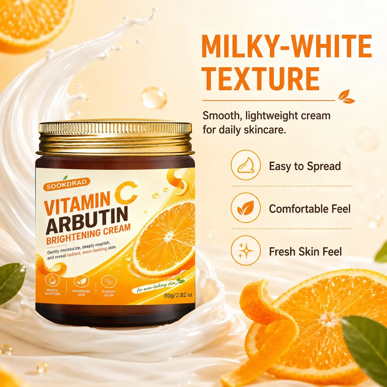 Vitamin C Arbutin Brightening Facial Cream, gentle moisturize, deep nourish, radiant glow, even-looking skin, for face, all skin types, daily skincare, 80g