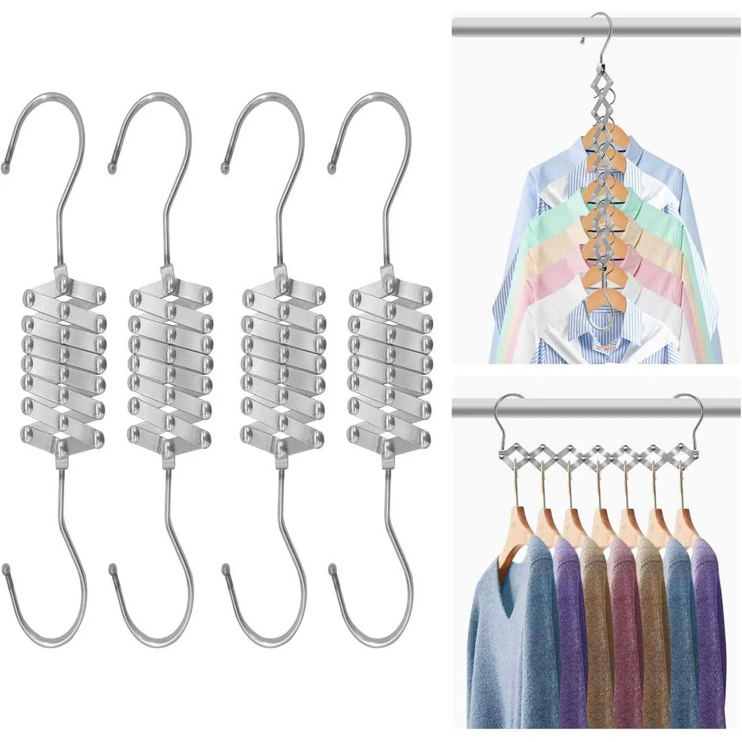 4 Pack Space Saving Hangers for  Than 28 Clothes, Extendable Standard Hangers for Closet, Foldable and Portable, Space Savers for Closet Organizers and Storage, Dorm Room Essentials