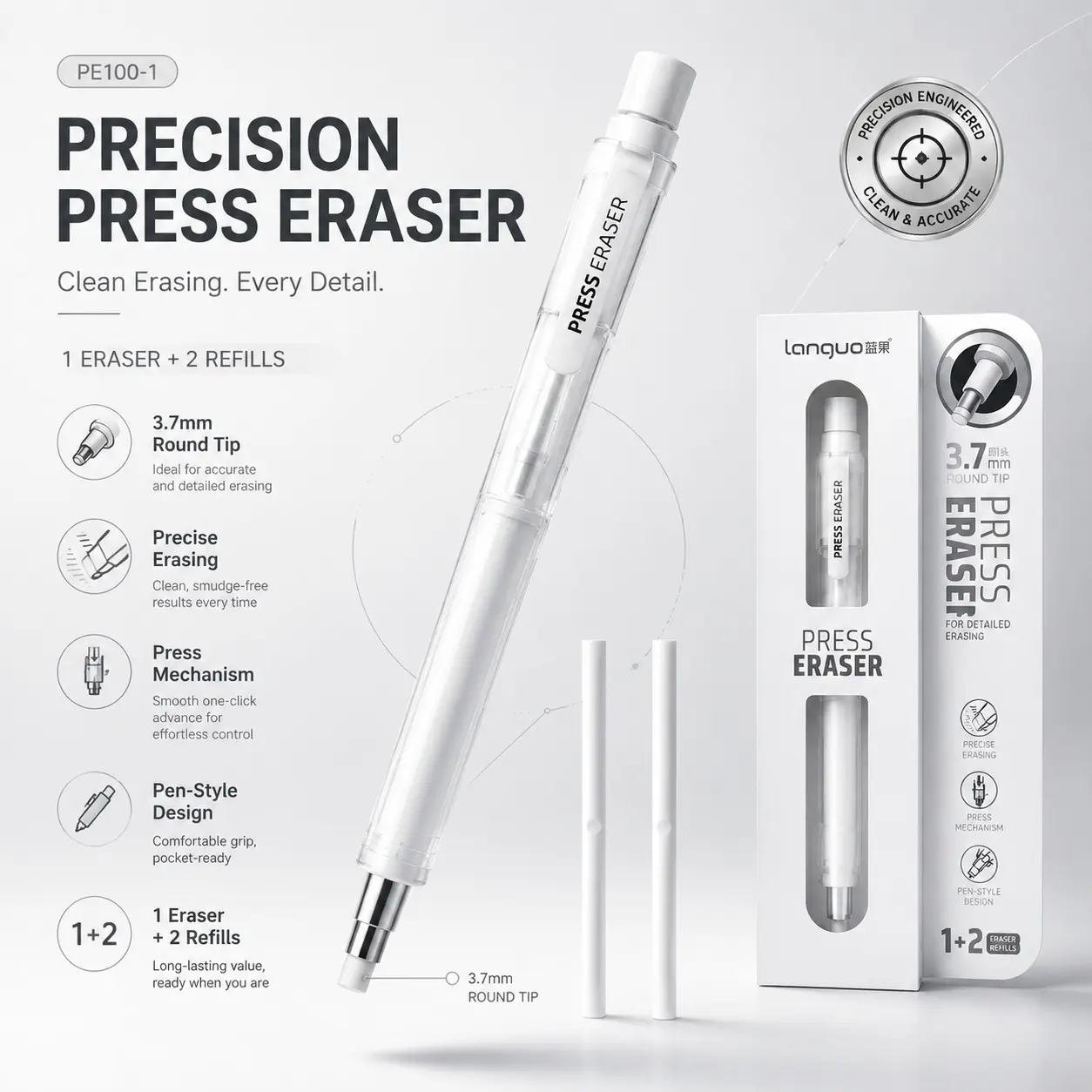 Professional Art Drawing Eraser, Precision Eraser, Dust-Free Button Design, Ideal for Quick Sketches, Dual-Headed Pencil Shape, Daily Use