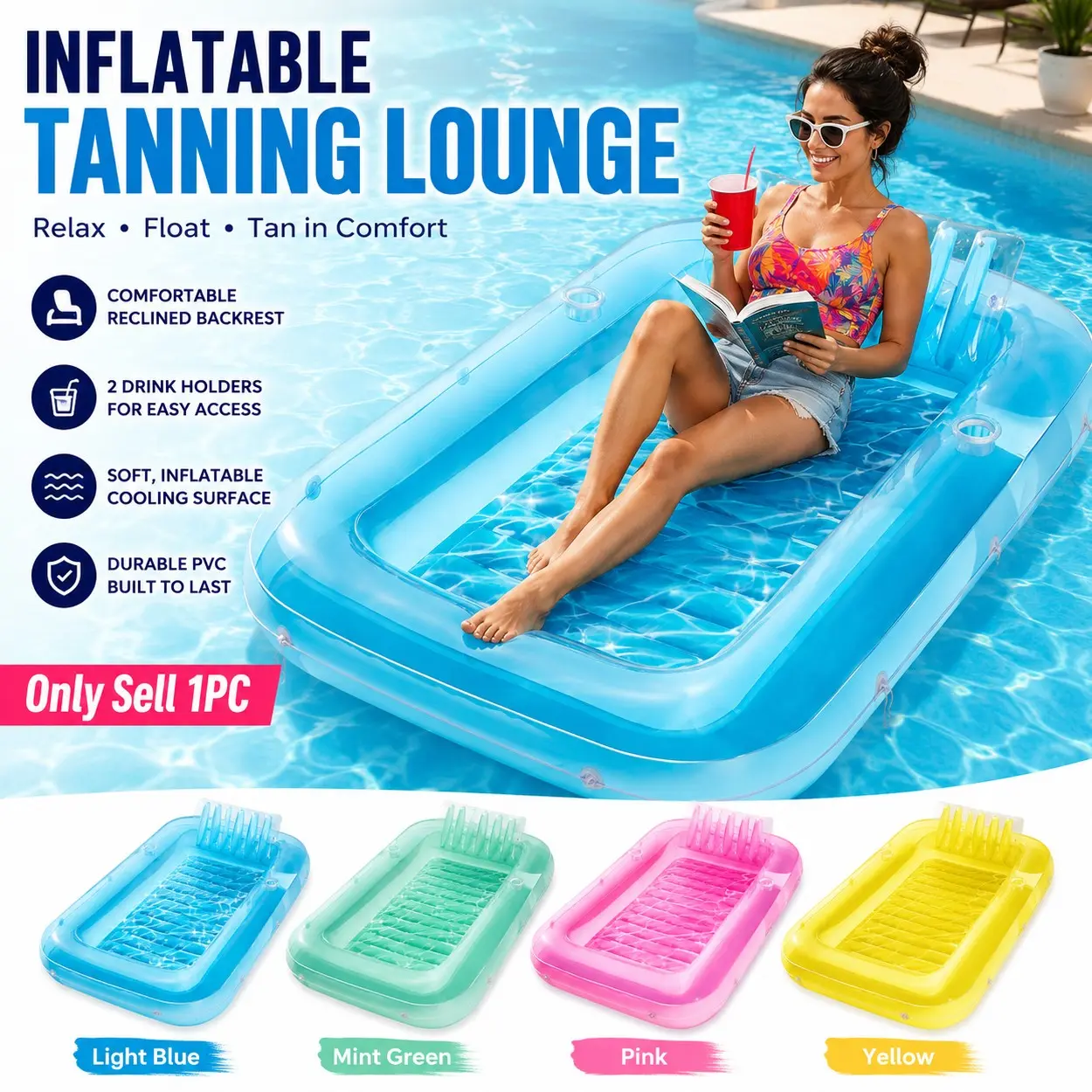 Inflatable Tanning Pool Lounger Float Adult Suntan Tub Raft, 177x116cm Blow Up Pool Float with Pillow, Reclined Backrest, 2 Cup Holders and Cooling Water Bed, Portable PVC Lounge Mat for Backyard Pool, Beach, Lake, Lawn Summer Relaxing