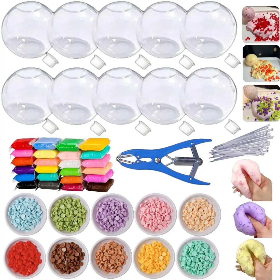 DIY Stress Relief Ball Kit, 10 transparent spherical skins, 24-color clay, 10 packs of colored building blocks fillers, including expansion tools. This kit enables you to make stress balls by kneading. Suitable for adults to use as stress relief soft ball