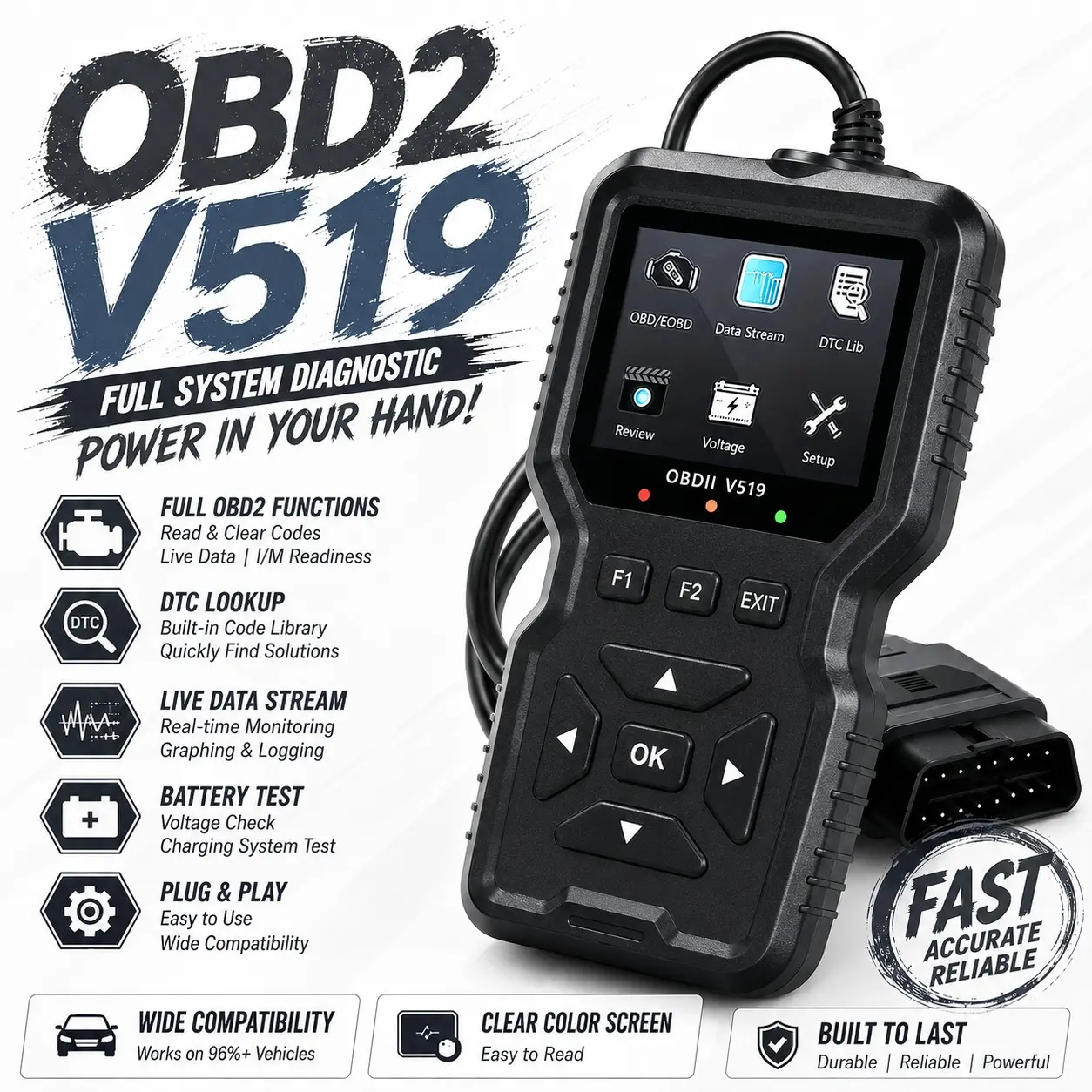 V519 Obd2 Scanner Diagnostic Tool, Read & Clear Engine Fault Codes, I/m Readiness Check, Battery Voltage Test, Live Vehicle Data for 1996+ Obdii Cars