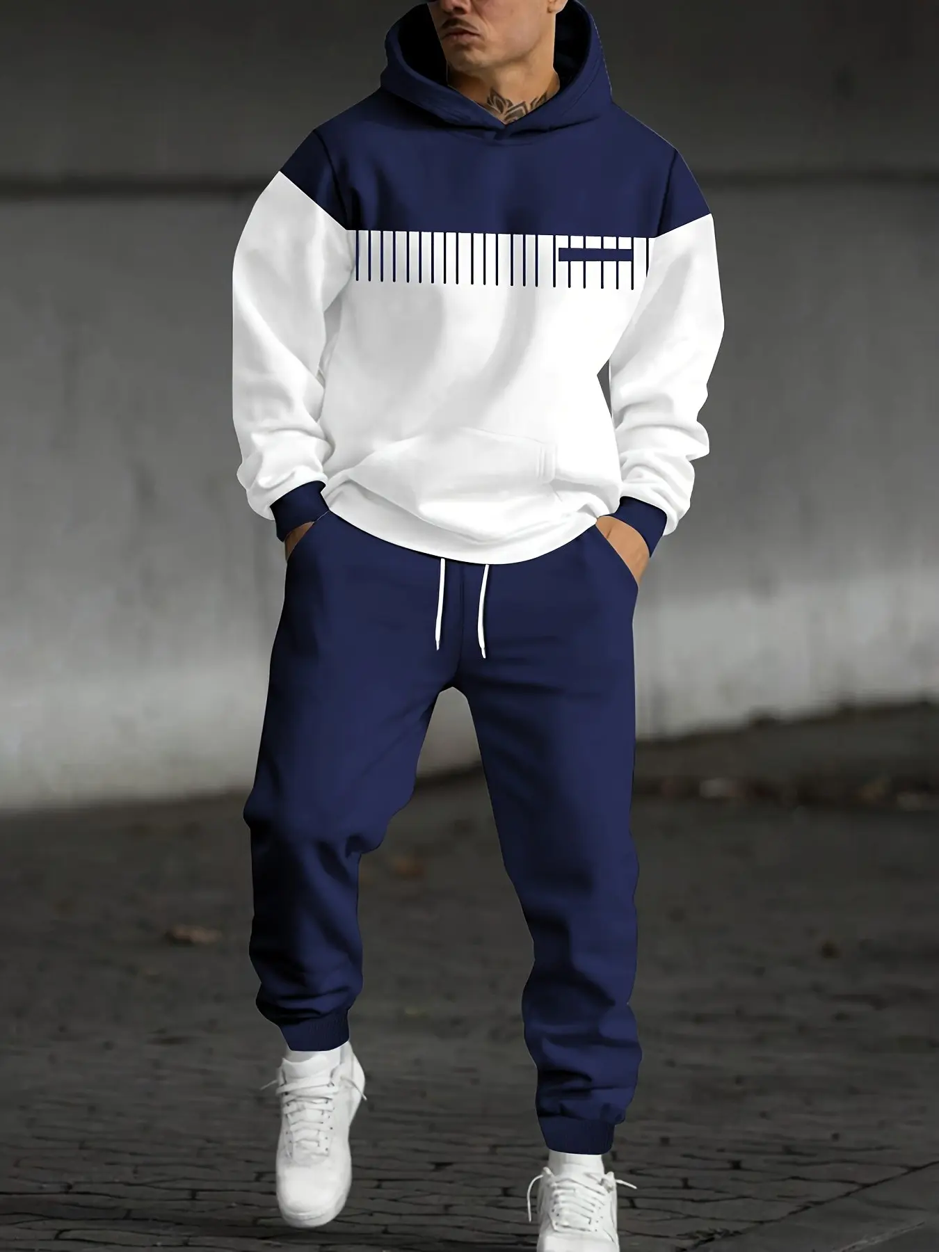 Men's Fall Winter Striped Colorblock Hooded Sweatshirt Set, Streetwear Sporty Hoodie, Letter Badge Print, Casual Fashion 2-Piece Set