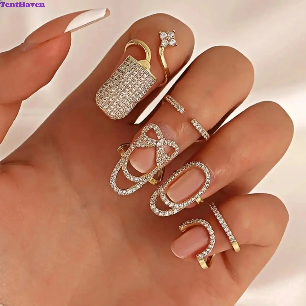 Women's 4-Pcs Rhinestone Stackable Open Cuff Rings - Adjustable, Minimalist, Cuff-Shape Sparkling Jewelry Accessory for Party, Engagement Occasions