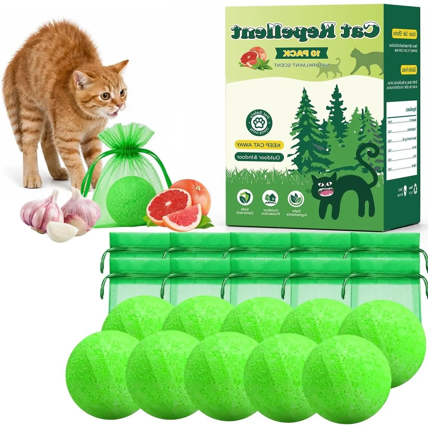 10 Pack Cat Repellent Balls with Natural Peppermint Oil – Outdoor Cat Deterrent for Lawn, Garden, Furniture & Mulch, Keep Cats AwayGift