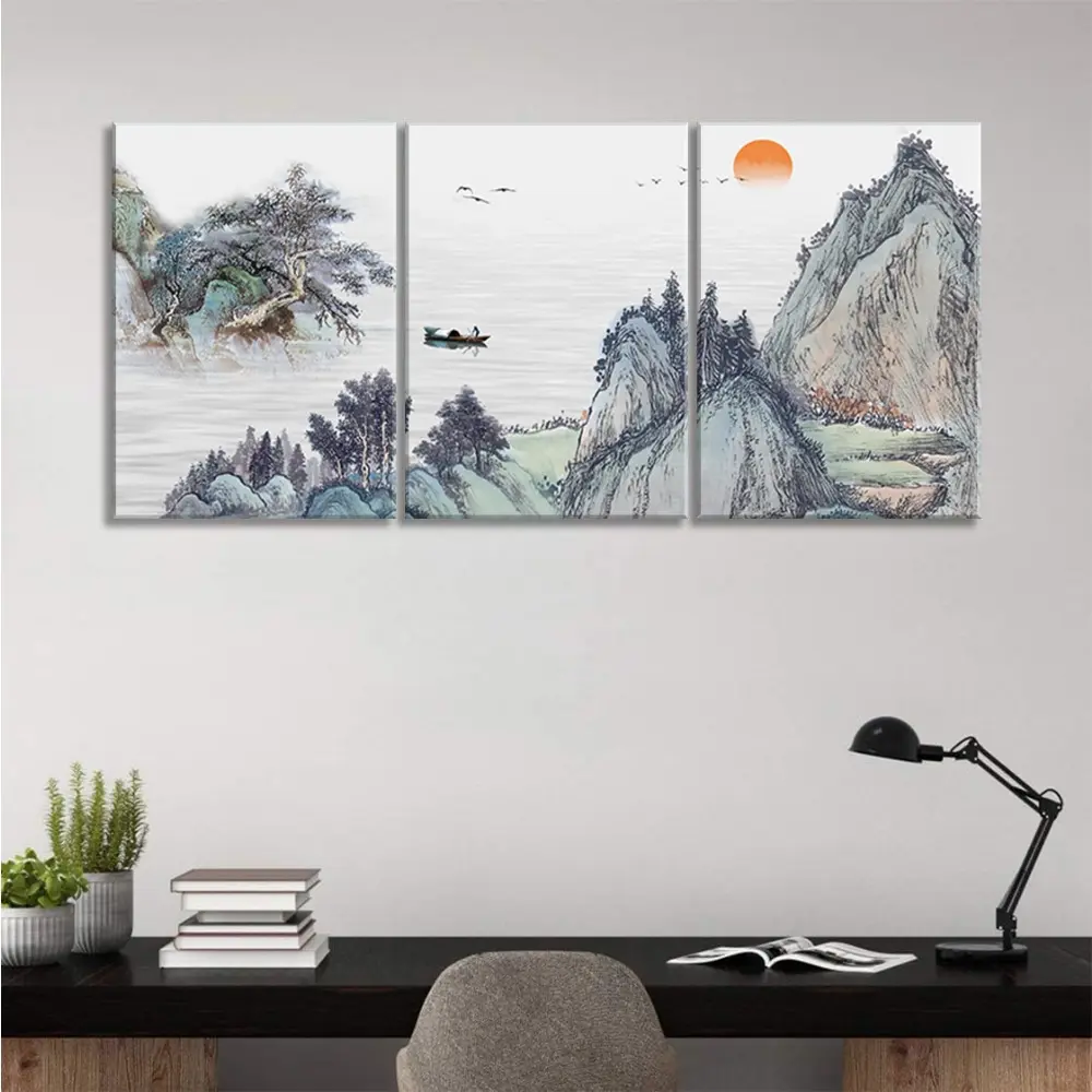 3-Piece Framed Set - Harmonious Asian Landscape Triptych Theme Canvas Wall Art, Framed Painting Clearance Sale, 2D Flat, Suitable for Halloween, Christmas, Winter, and Summer, High-End Interior Decoration, Suitable for Him/Her, Bedroom, Living Room, Bathr
