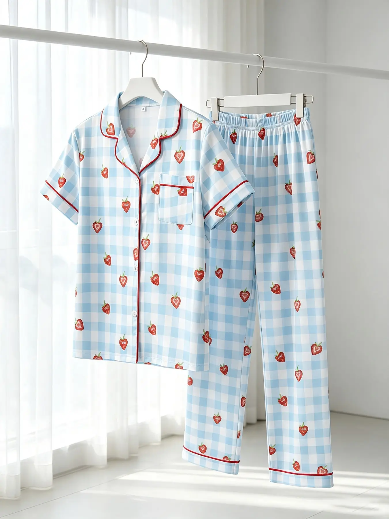 Women's Cardigan Short‑Sleeve Top And Long Pants Pajama Set, Wearable For All Seasons, Sweet Strawberry Blue Gingham Print, Farm‑Style Loungewear, Fresh Cozy Bedroom Outfit