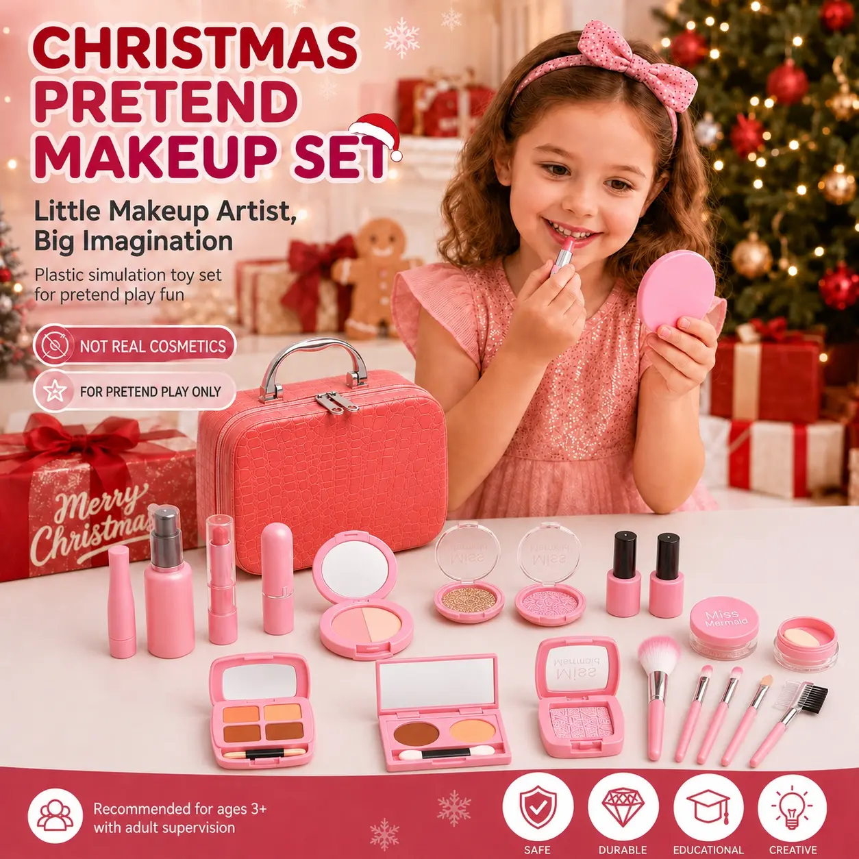 Christmas Kids Pretend Makeup Set, Plastic Simulation Cosmetic Toy Gift Box with Carry Case (Simulation plastic toy, NOT real cosmetics)