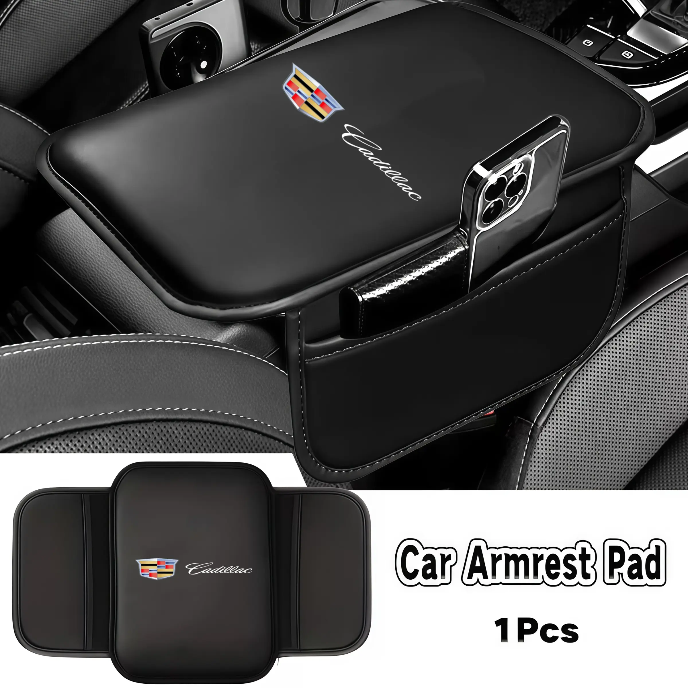 Leather Car Arm Rest Cushion, Storage Pad, Protective Cover, Center Console Cushion for Cadillac Models, Universal Fit, Solid Form