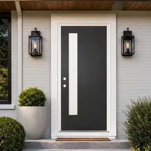 ARCH 36x80 Fiberglass Front Door with White PVC Frame Right-Hand Inswing Exterior Entry Door with Brickmould Contemporary Smooth Skin Frosted Glass Black for Home Entrance Durable Weatherproof Insulated, Black Color Options, Fiberglass Material