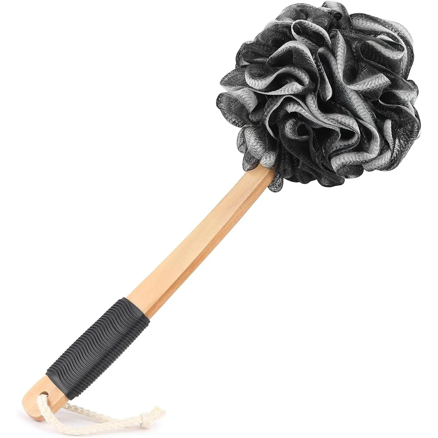 Black Loofah on a Stick Bath Back Scrubber - PE Soft Mesh Luffa, Non-Slip Wooden Handle, Soft Sturdy Rubber Material, Hanging String - Beauty, Personal Care Products for Women and Men, Beauty Products, Body Care
