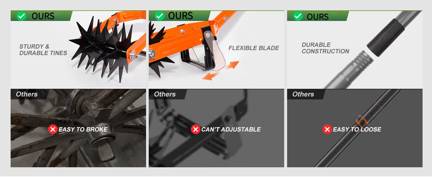 Rotary Cultivator Garden Tool, Adjustable Long Handle Hand Tiller with Star-Shaped Rolling Tines, 2-in-1 Weeder & Soil Aerator for Lawn Care, Reseeding Grass, Soil Mixing, Manual Yard Tiller