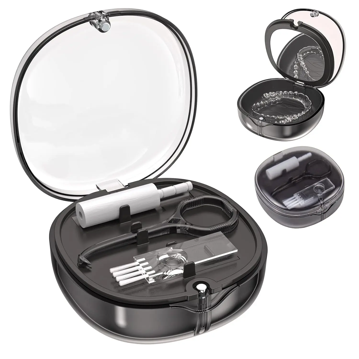 Dental Retainer Box Case Orthodontic Retainer Container with Removal Tool, Chew and Travel Brush, Double-layer Mouth Guard Holder Container Case with Mirror - Transparent Black