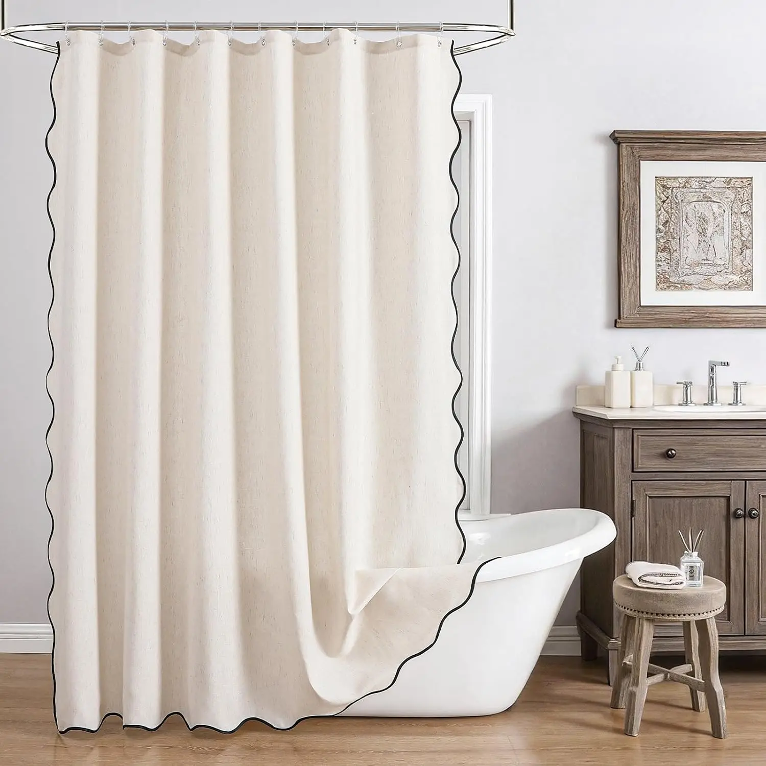 Scalloped Shower Curtain with 12 Clear Hooks, Linen Textured, Waterproof Heavy Duty Thick Fabric with Black Border, Neutral Boho Farmhouse Bathtub Shower Curtain, 72 x 72, Cream