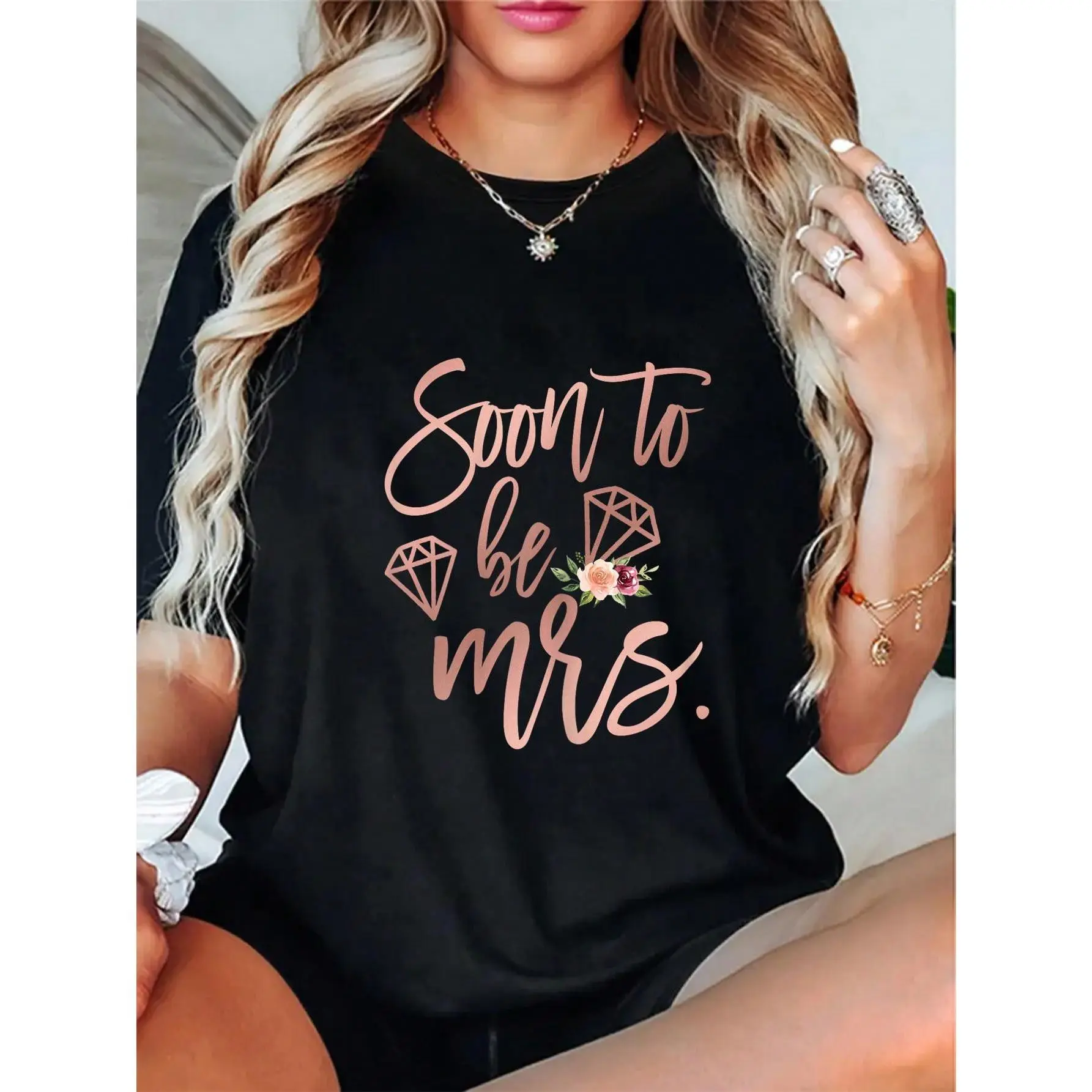 Women's 100% Cotton Short-Sleeve Round Neck T-Shirt - Floral Fabric, Flattering Fit, for Engaged Brides (Soon To Be Mrs, Future Wife), Shortsleeve, Top, Women's Graphic Tees