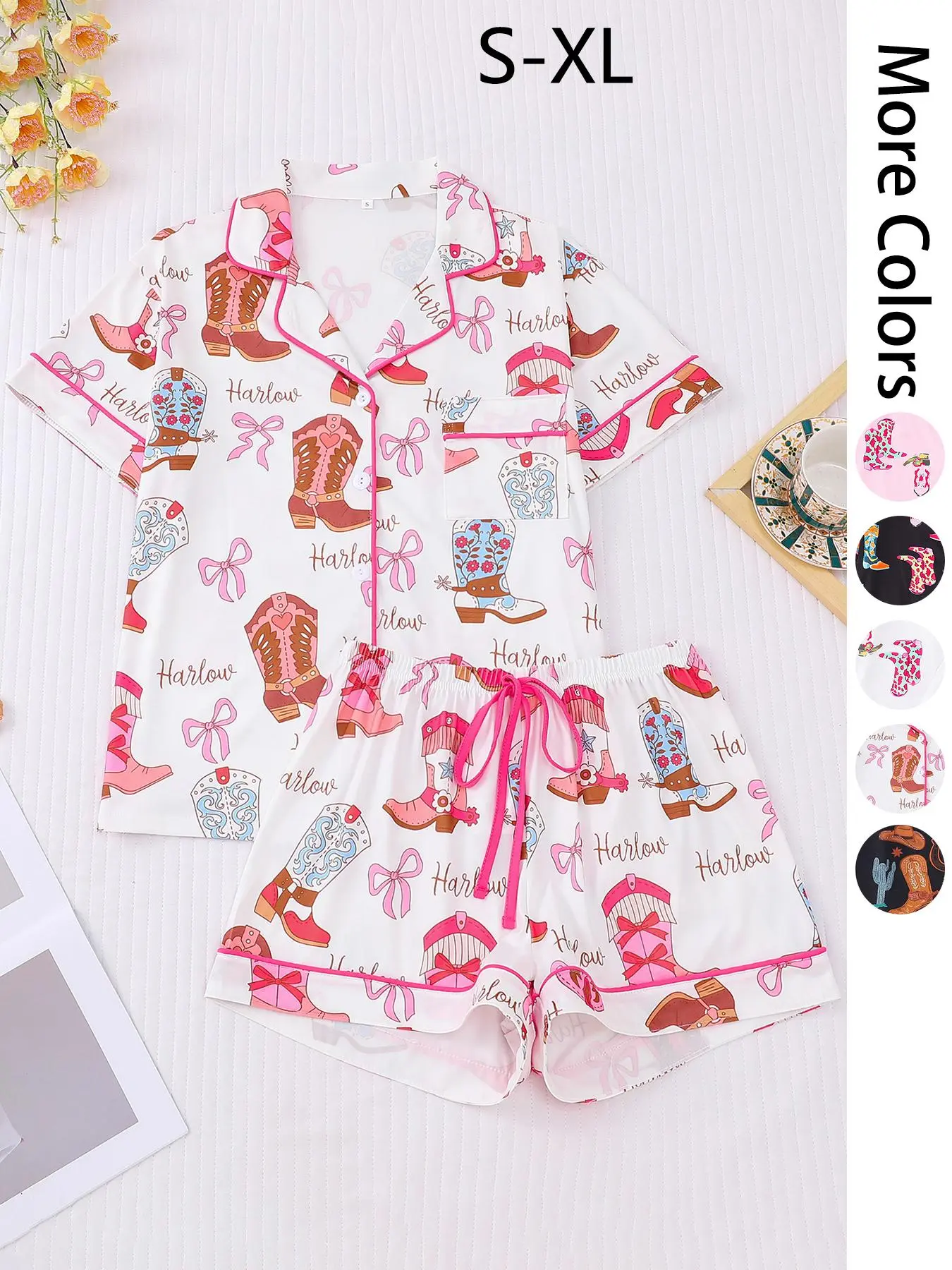 Women's All Over Cowboy Boots Print Pajama Two-piece Set, Casual Comfy Short Sleeve Lapel Neckline Tee & Shorts PJ Set, Ladies Summer Sleepwear Pyjamas Loungewear Cute