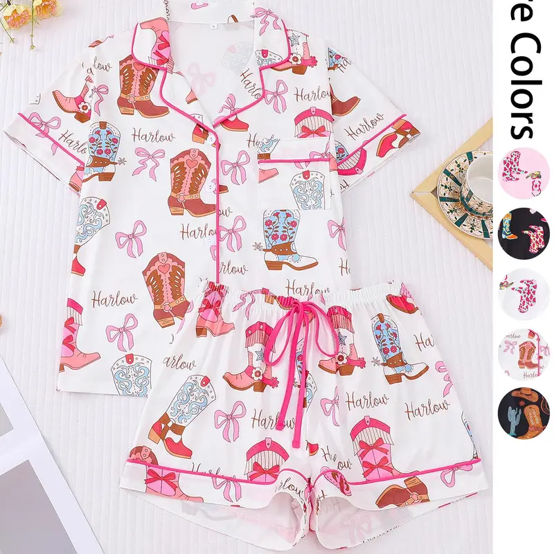Women's All Over Cowboy Boots Print Pajama Two-piece Set, Casual Comfy Short Sleeve Lapel Neckline Tee & Shorts PJ Set, Ladies Summer Sleepwear Loungewear Cute Sleepwear Sets