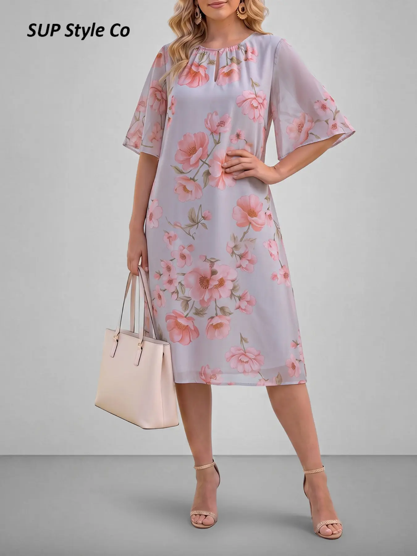 Light Base Peony Dress for Women, Keyhole Round Neck Flared Sleeves Straight Midi Dress, Flowy Conceal Fat Party Daily Floral Dress