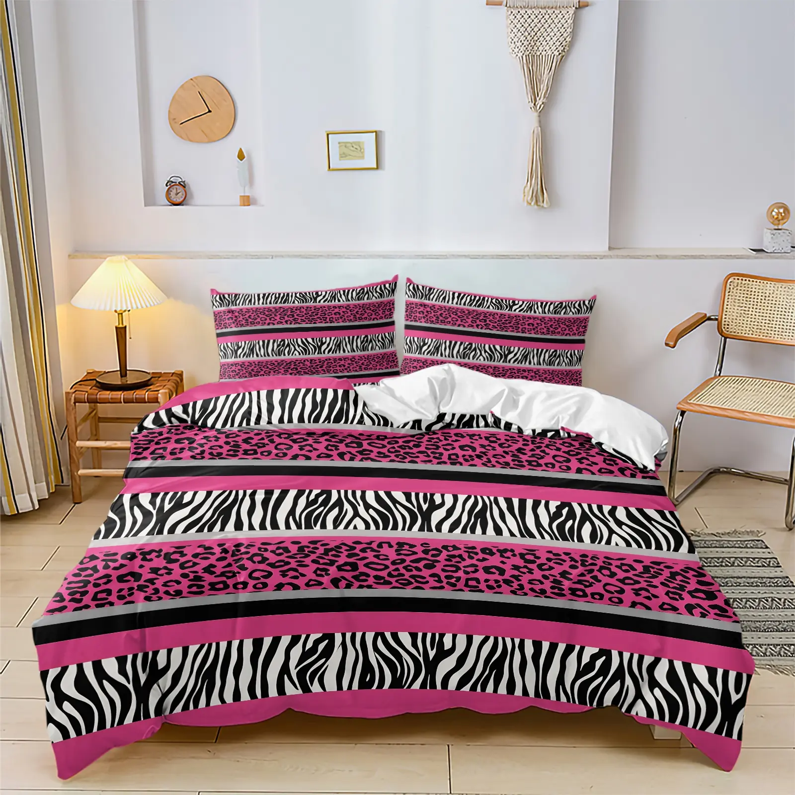Pink Zebra Leopard Striped Print Duvet Cover Set, Includes 1-2 Pillowcases, Retro Y2K Western Animal Print Bedding, Hot Pink Black White Teen Girls Bed Set, Breathable Soft Fabric, Cool Trendy Dorm Decor, Gift For Y2K Fashion Girls