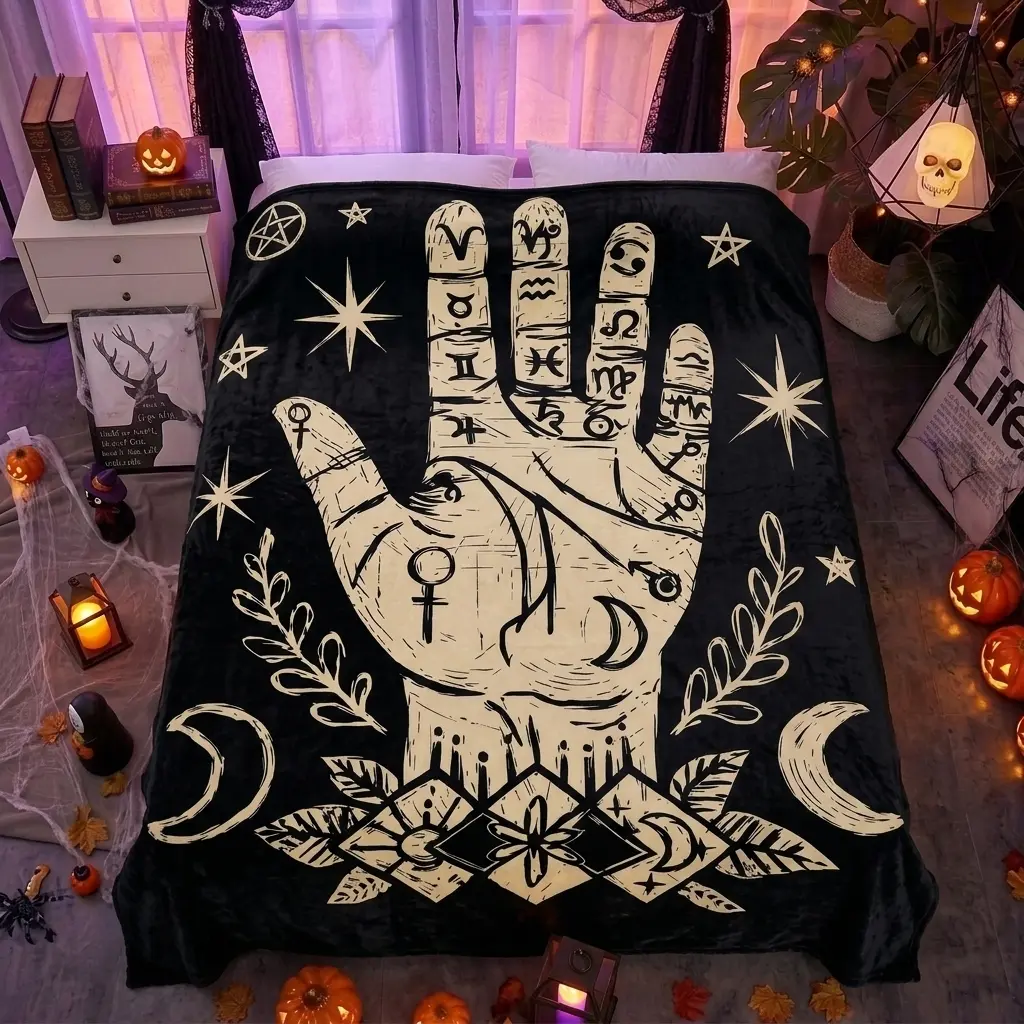 Black Background Vintage Print Palmistry Hand 12 Zodiac Planet Symbol Pentagram Moon Branch Witch Gothic Flannel Throw Blanket, Mystical Astrology Dark Art Soft Warm Blanket for Bedroom Sofa Study Decor Gift 0713Y（76）