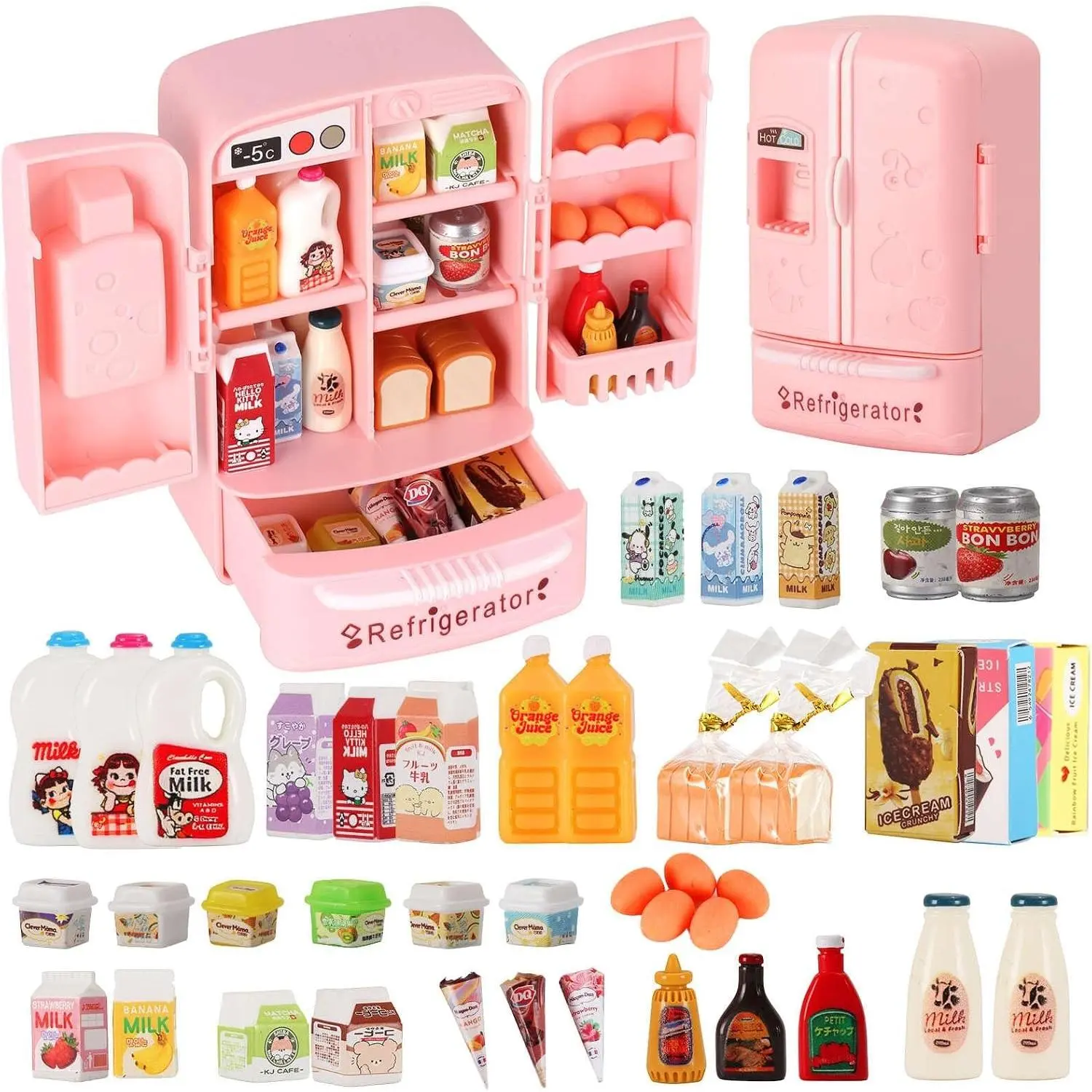Mini Refrigerator Toy, Fill The Fridge with Ice Cream, Juice & 40+ Mini Food Toys for Dollhouse Accessories & Kitchen Playset. Realistic Refrigerator Play Gift for Kids.Gift