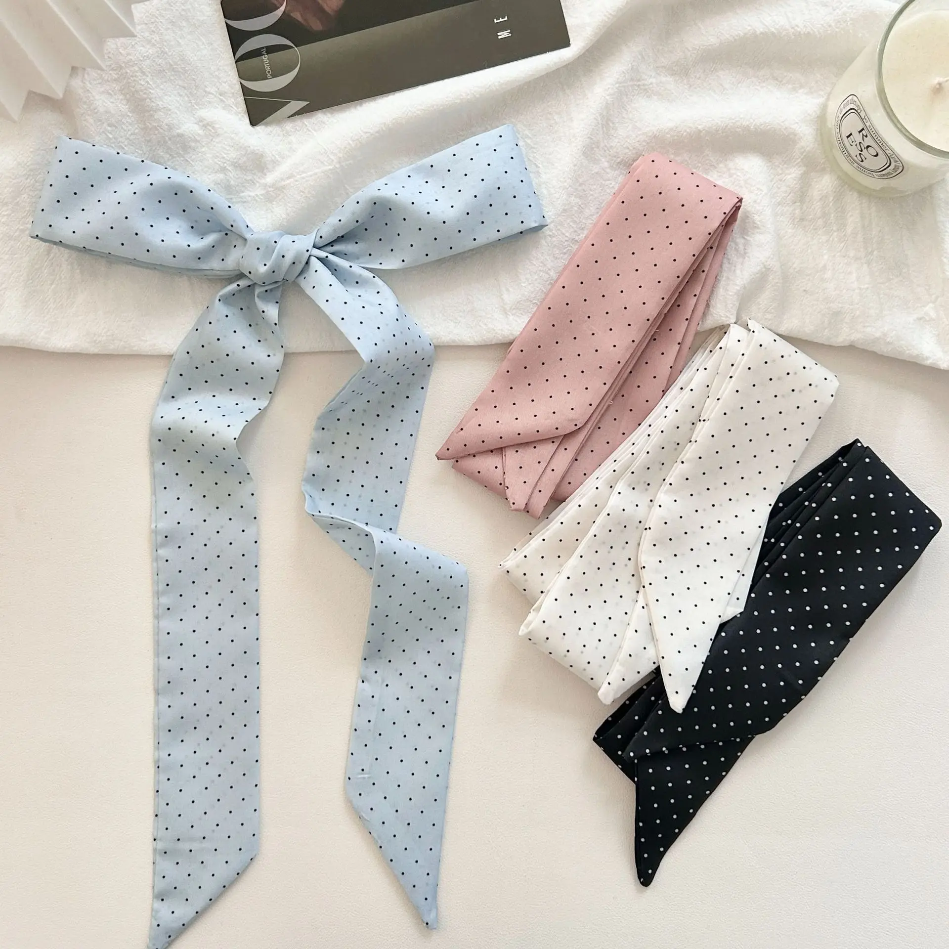 4pcs Polka Dot Satin Hair Scarf Ribbon Long Thin Neck Scarf Multifunctional Silk Scarf for Women and Girls Decorative Scarf for Hair Tie Bag Handle or Neck Accessory