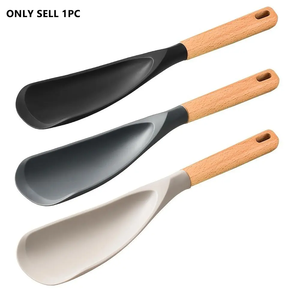 Cooking Spoon for Nonstick Cookwares, Kitchen Spoons Great for Cooking and Serving Durable BPA-Free Matte Silicone, Wooden Handle Spoon for Mixing, Scoop, and Scrape