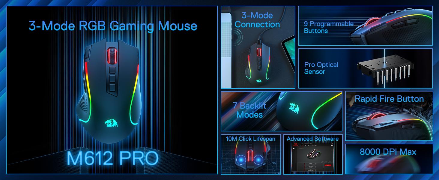 Redragon M612 PRO RGB Gaming Mouse, 8000 DPI Wired/Wireless Optical Gamer Mouse with 9 Programmable Buttons & 7 Backlit Modes, BT & 2.4G Wireless, Software Supports DIY Keybinds Rapid Fire Button